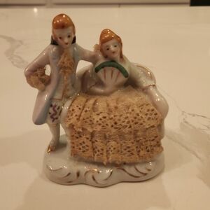 Vintage Colonial Victorian Man and Lady porcelain figurine w/ Lace 4” Tall